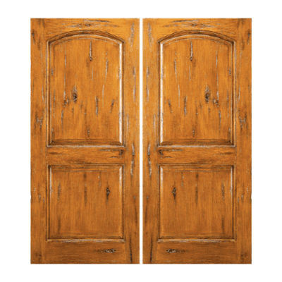 2-Panel Unique Knotty Alder Exterior Double Door Slabs – SW 66 Alder – with Distressed Finish Option