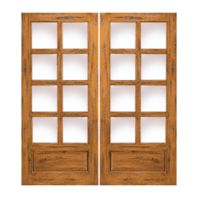 8-Lite over 1-Panel Farmhouse Knotty Alder Exterior Double Door Slabs – SW 68 Alder – with Distressed Finish Option