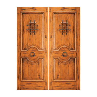 2-Panel Unique Knotty Alder Exterior Double Door Slabs – SW 81 Alder – with Operable Speakeasy
