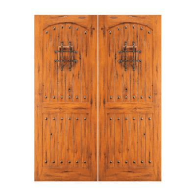 2-Panel Unique Knotty Alder Exterior Double Door Slabs – SW 83 Alder – with Operable Speakeasy