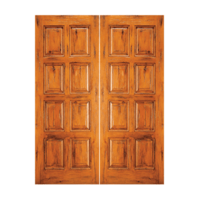 8-Panel Unique Knotty Alder Exterior Double Door Slabs – SW 87 Alder – with Distressed Finish Option