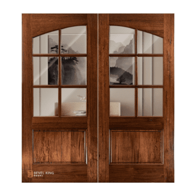 6-Lite over 1-Panel Farmhouse Mahogany Exterior Double Door Slabs – Simulated Arch Door 6’8″ w/ Clear Glass