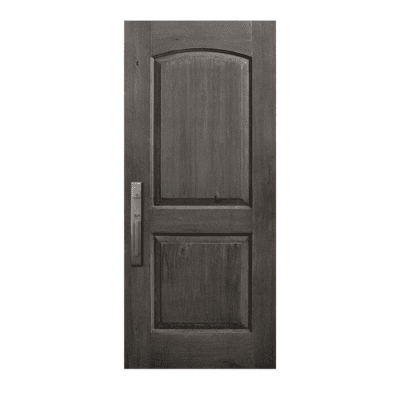 2-Panel Unique Stainable Fiberglass Exterior Single Door Slab – Arch Panel – Smooth Knotty Alder Grain