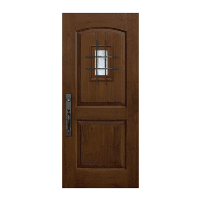 2-Panel Unique Stainable Fiberglass Exterior Single Door Slab – Arch Panel V-Groove Knotty Alder Grain w/ Speakeasy