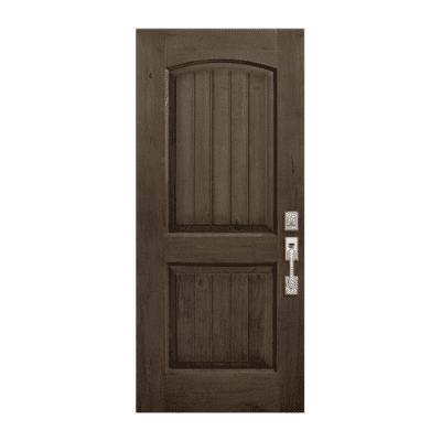 2-Panel Unique Stainable Fiberglass Exterior Single Door Slab – Arch Panel – V-Groove Knotty Alder Grain