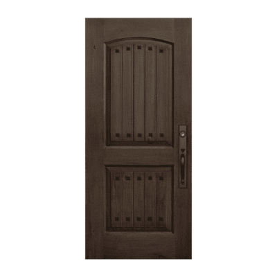 2-Panel Unique Stainable Fiberglass Exterior Single Door Slab – Arch Panel – V-Groove Knotty Alder Grain w/ Clavos