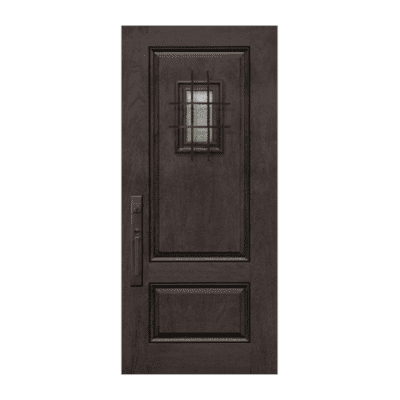 2-Panel Unique Stainable Fiberglass Exterior Single Door Slab – Smooth Mahogany Grain w/ Speakeasy