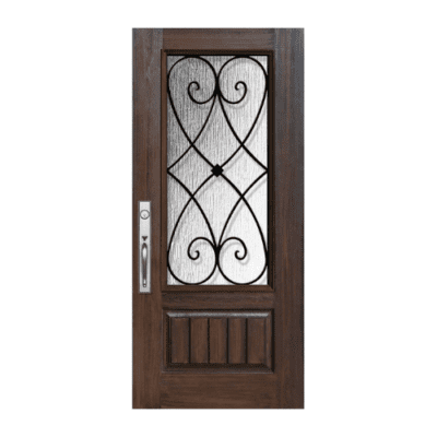 1-Lite over 1-Panel Iron Accents Stainable Fiberglass Exterior Single Door Slab – 3/4 Lite – Charleston Wrought Iron Grille