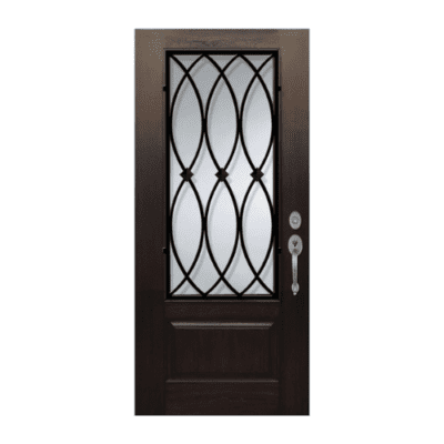 1-Lite over 1-Panel Iron Accents Stainable Fiberglass Exterior Single Door Slab – 3/4 Lite – La Selle Wrought Iron Grille
