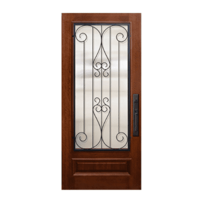 1-Lite over 1-Panel Iron Accents Mahogany Exterior Single Door Slab – 3/4 Lite Lavaca Wrought Iron DoorCraft