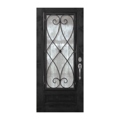 1-Lite over 1-Panel Iron Accents Mahogany Exterior Single Door Slab – 3/4 Lite Charleston Wrought Iron DoorCraft