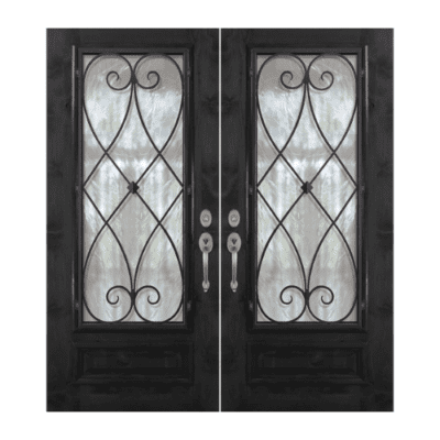 1-Lite over 1-Panel Iron Accents Mahogany Exterior Double Door Slabs – 3/4 Lite Charleston Wrought Iron DoorCraft