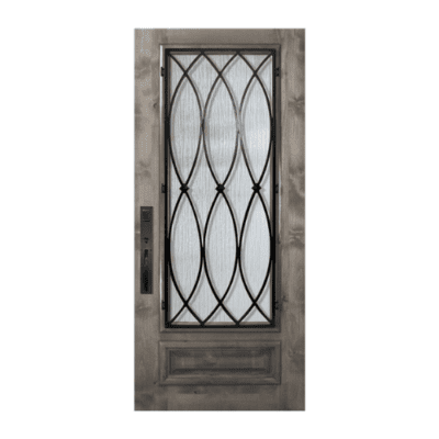 1-Lite over 1-Panel Iron Accents Mahogany Exterior Single Door Slab – 3/4 Lite La Salle Wrought Iron DoorCraft