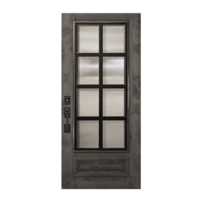 1-Lite over 1-Panel Farmhouse Mahogany Exterior Single Door Slab – 3/4 Lite Minimal Steel Grille