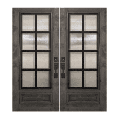 1-Lite over 1-Panel Farmhouse Mahogany Exterior Double Door Slabs – 3/4 Lite Minimal Steel Grille