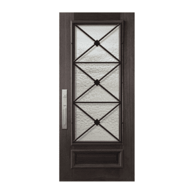 1-Lite over 1-Panel Iron Accents Mahogany Exterior Single Door Slab – 3/4 Lite Republic Wrought Iron DoorCraft