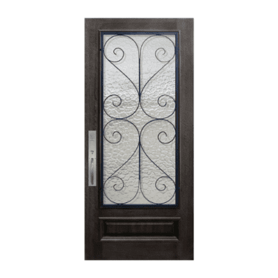 1-Lite over 1-Panel Iron Accents Mahogany Exterior Single Door Slab – 3/4 Lite Salado Wrought Iron DoorCraft