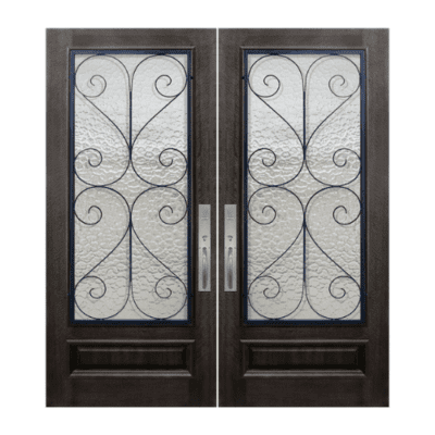 1-Lite over 1-Panel Iron Accents Mahogany Exterior Double Door Slabs – 3/4 Lite Salado Wrought Iron DoorCraft