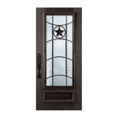 1-Lite over 1-Panel Iron Accents Mahogany Exterior Single Door Slab – 3/4 Lite Texan Wrought Iron DoorCraft