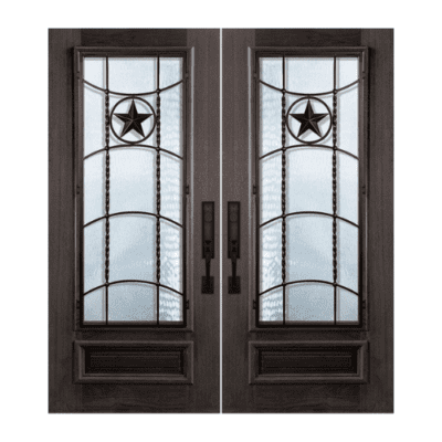 1-Lite over 1-Panel Iron Accents Mahogany Exterior Double Door Slabs – 3/4 Lite Texan Wrought Iron DoorCraft