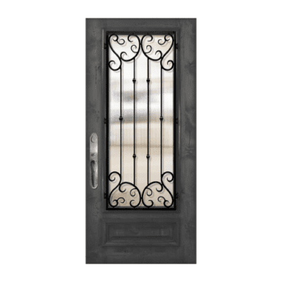 1-Lite over 1-Panel Iron Accents Mahogany Exterior Single Door Slab – 3/4 Lite Valencia Wrought Iron DoorCraft