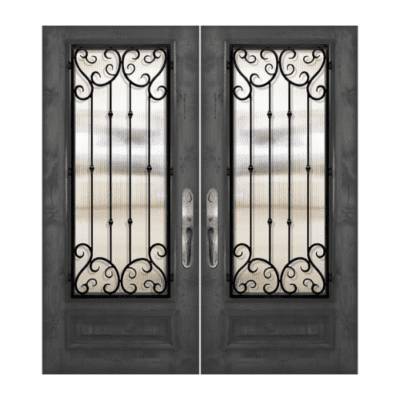 1-Lite over 1-Panel Iron Accents Mahogany Exterior Double Door Slabs – 3/4 Lite Valencia Wrought Iron DoorCraft