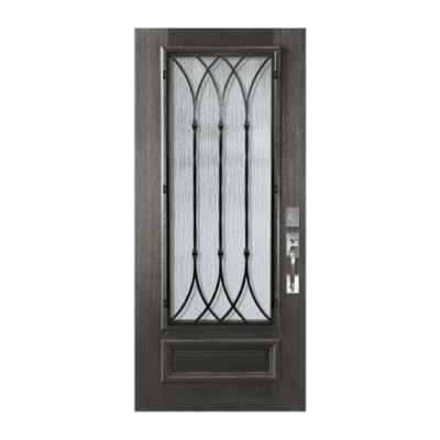 1-Lite over 1-Panel Iron Accents Mahogany Exterior Single Door Slab – 3/4 Lite Warwick Wrought Iron DoorCraft