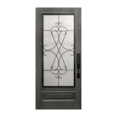 1-Lite over 1-Panel Iron Accents Mahogany Exterior Single Door Slab – 3/4 Lite Navasoata Wrought Iron DoorCraft