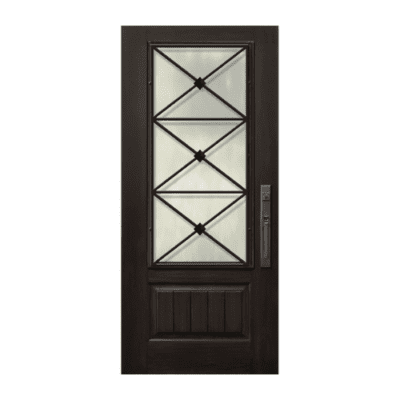 1-Lite over 1-Panel Iron Accents Stainable Fiberglass Exterior Single Door Slab – 3/4 Lite – Republic Wrought Iron Grille