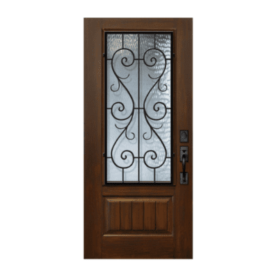 1-Lite over 1-Panel Iron Accents Stainable Fiberglass Exterior Single Door Slab – 3/4 Lite – St. Charles Wrought Iron Grille