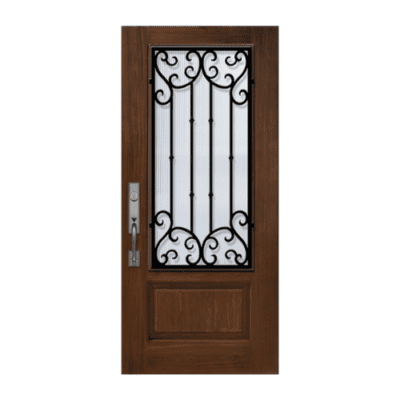 1-Lite over 1-Panel Iron Accents Stainable Fiberglass Exterior Single Door Slab – 3/4 Lite – Valencia Wrought Iron Grille
