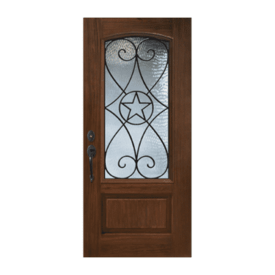 1-Lite over 1-Panel Classic Stainable Fiberglass Exterior Single Door Slab – Arch Lite – Austin Grille Between Glass