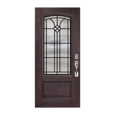 1-Lite over 1-Panel Classic Stainable Fiberglass Exterior Single Door Slab – Arch Lite – Cantania Grille Between Glass