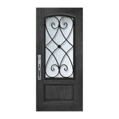 1-Lite over 1-Panel Iron Accents Stainable Fiberglass Exterior Single Door Slab – Arch Lite – Charleston Wrought Iron Grille