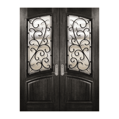 1-Lite over 1-Panel Iron Accents Mahogany Exterior Double Door Slabs – Arch Lite & Rail – Bellagio Wrought Iron
