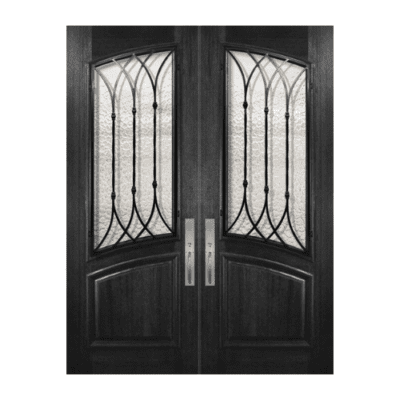 1-Lite over 1-Panel Iron Accents Mahogany Exterior Double Door Slabs – Arch Lite & Rail – Warwick Wrought Iron
