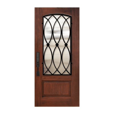 1-Lite over 1-Panel Iron Accents Stainable Fiberglass Exterior Single Door Slab – Arch Lite – La Selle Wrought Iron Grille