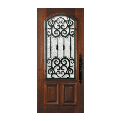 1-Lite over 2-Panel Iron Accents Mahogany Exterior Single Door Slab – Arch Lite w/ Barcelona Wrought Iron
