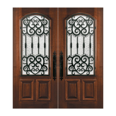 1-Lite over 2-Panel Iron Accents Mahogany Exterior Double Door Slabs – Arch Lite w/ Barcelona Wrought Iron