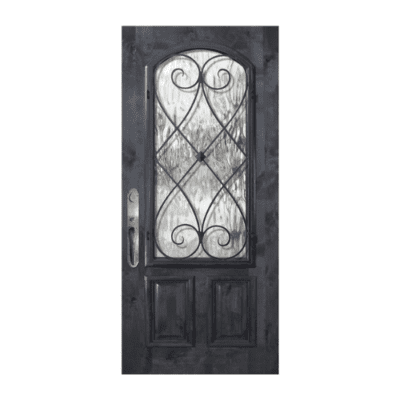 1-Lite over 2-Panel Iron Accents Mahogany Exterior Single Door Slab – Arch Lite w/ Charleston Wrought Iron