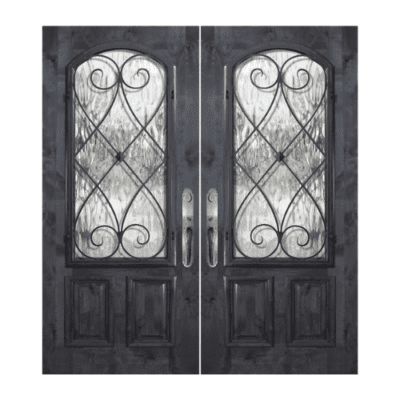 1-Lite over 2-Panel Iron Accents Mahogany Exterior Double Door Slabs – Arch Lite w/ Charleston Wrought Iron
