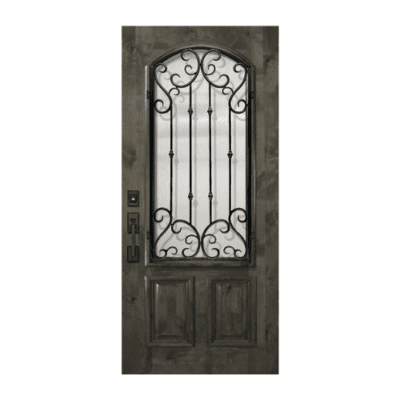 1-Lite over 2-Panel Iron Accents Mahogany Exterior Single Door Slab – Arch Lite w/ Valencia Wrought Iron