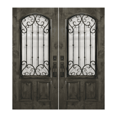 1-Lite over 2-Panel Iron Accents Mahogany Exterior Double Door Slabs – Arch Lite w/ Valencia Wrought Iron