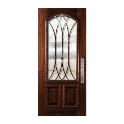 1-Lite over 2-Panel Iron Accents Mahogany Exterior Single Door Slab – Arch Lite w/ Warwick Wrought Iron