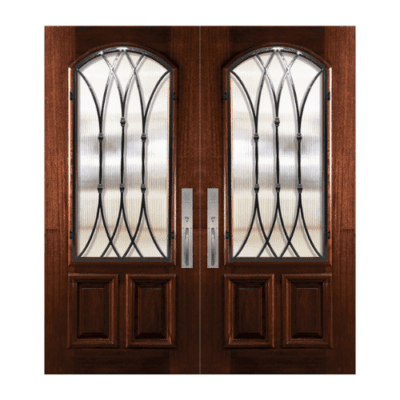 1-Lite over 2-Panel Iron Accents Mahogany Exterior Double Door Slabs – Arch Lite w/ Warwick Wrought Iron