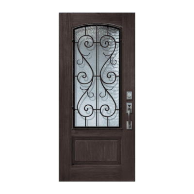 1-Lite over 1-Panel Iron Accents Stainable Fiberglass Exterior Single Door Slab – Arch Lite – St. Charles Wrought Iron Grille