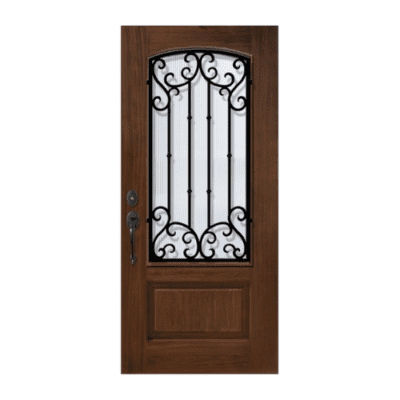 1-Lite over 1-Panel Iron Accents Stainable Fiberglass Exterior Single Door Slab – Arch Lite – Valencia Wrought Iron Grille