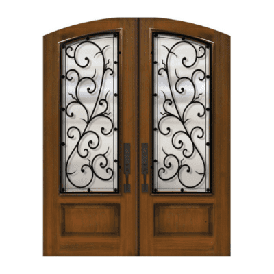 1-Lite over 1-Panel Iron Accents Stainable Fiberglass Exterior Double Door Slabs – Arch Top – Bellagio Wrought Iron Grille