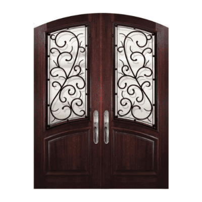 1-Lite over 1-Panel Iron Accents Mahogany Exterior Double Door Slabs – Arch Top & Rail – Bellagio Wrought Iron