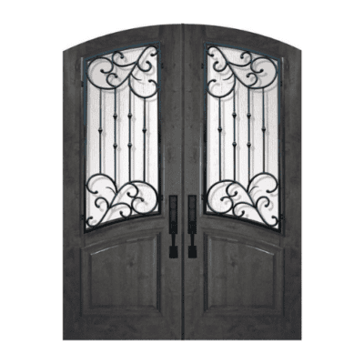 1-Lite over 1-Panel Iron Accents Mahogany Exterior Double Door Slabs – Arch Top & Rail – Catalina Wrought Iron